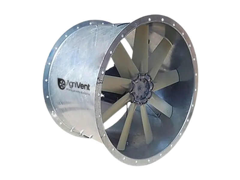 AV series flange-mounted axial duct fan in galvanized steel casing with the AgniVent logo