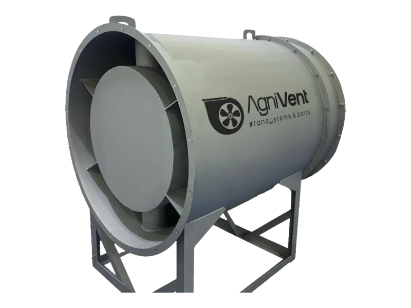 AVC series cased axial fan on a support stand with the AgniVent logo