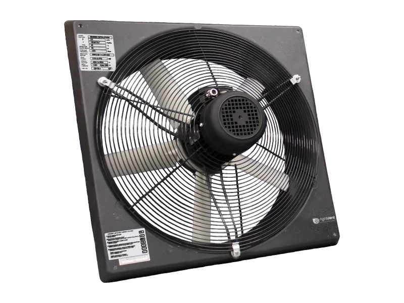 AVW series wall-mounted axial fan with square mounting plate and the AgniVent logo