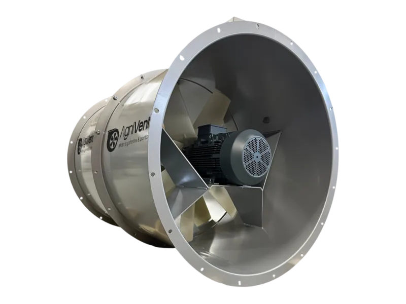 AVX series contra-rotating axial fan in a flanged casing with the AgniVent logo