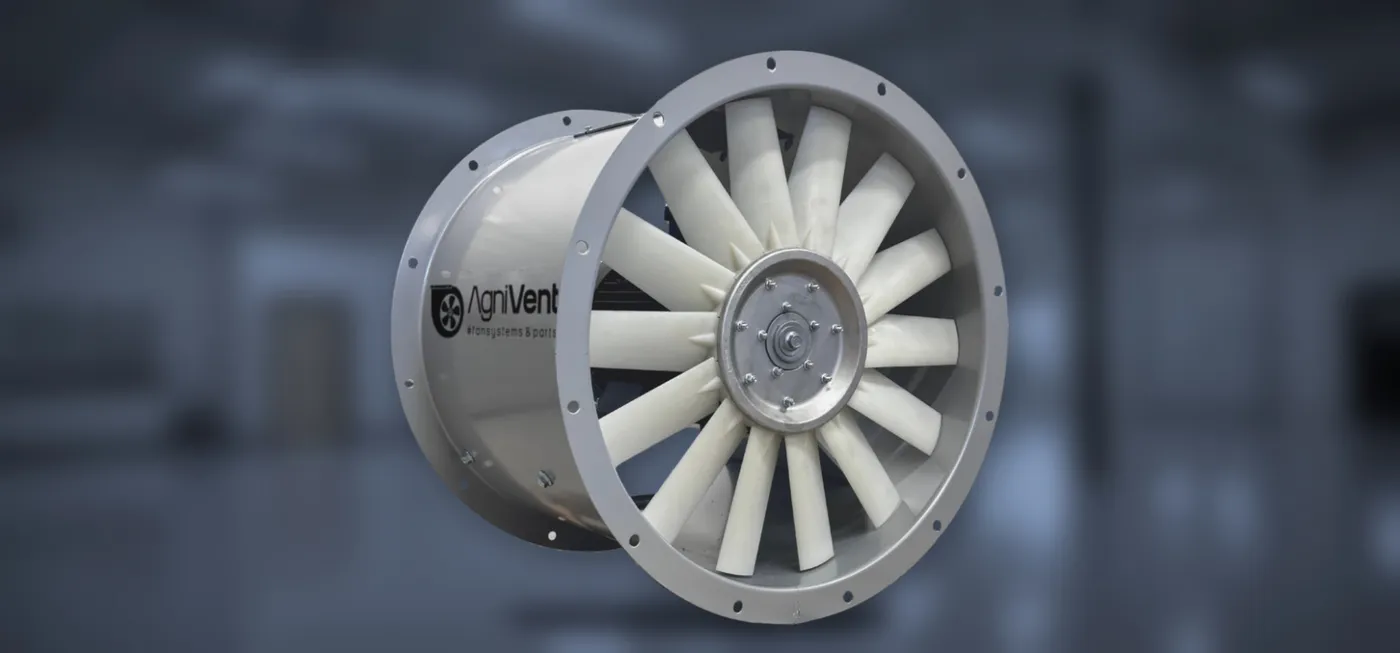 Axial fan with a polymer impeller in a galvanised casing, flanged both ends, with the AgniVent logo