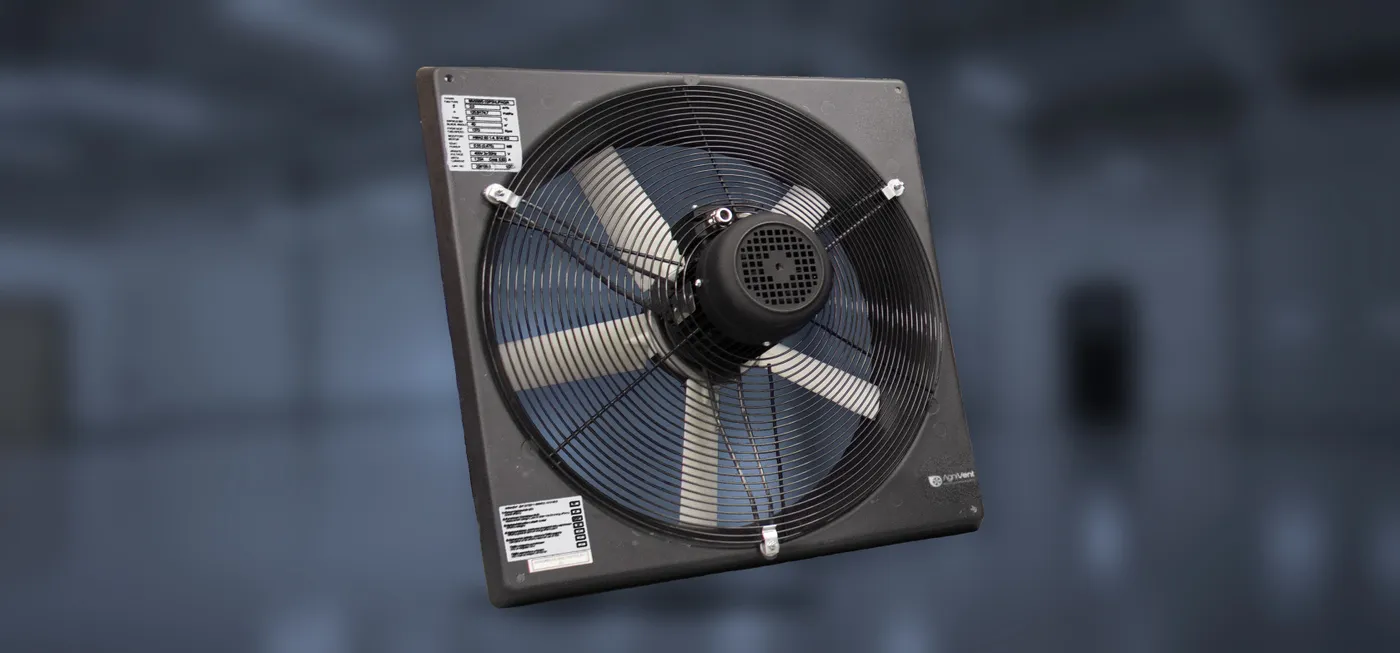 Wall-mounted axial fan on a square mounting plate with the AgniVent logo