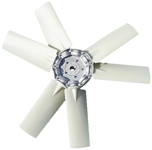 Axial fan impeller with six light-coloured blades on an aluminum hub