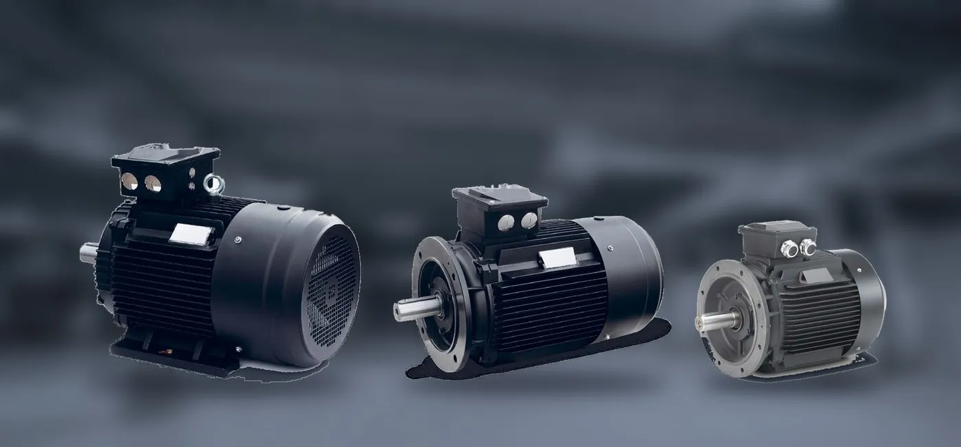 Three industrial three-phase motors of different frame sizes