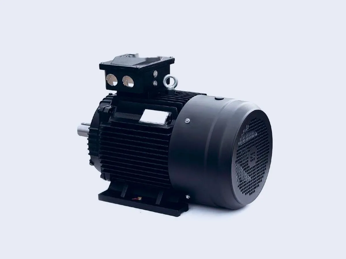 Large foot-mounted cast iron motor with fan cowl and lifting eye
