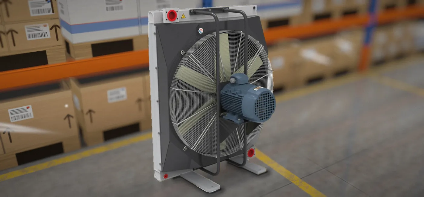 Close-up of an air-oil heat exchanger's fan and electric motor drive