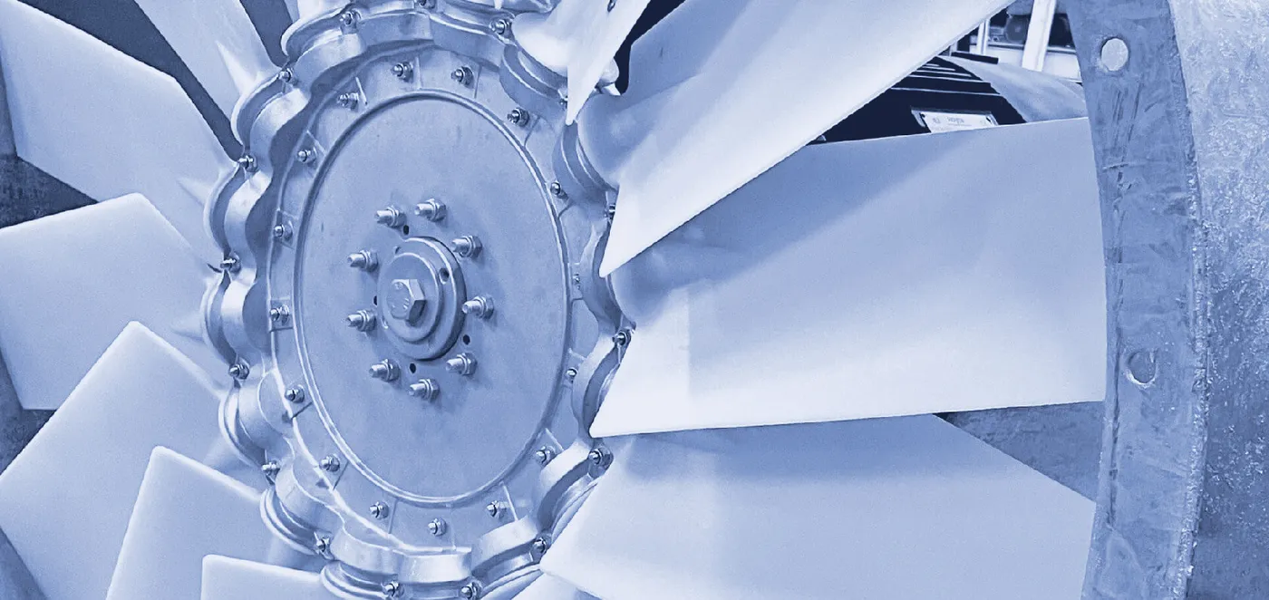 Large industrial axial impeller mounted in a galvanized structure